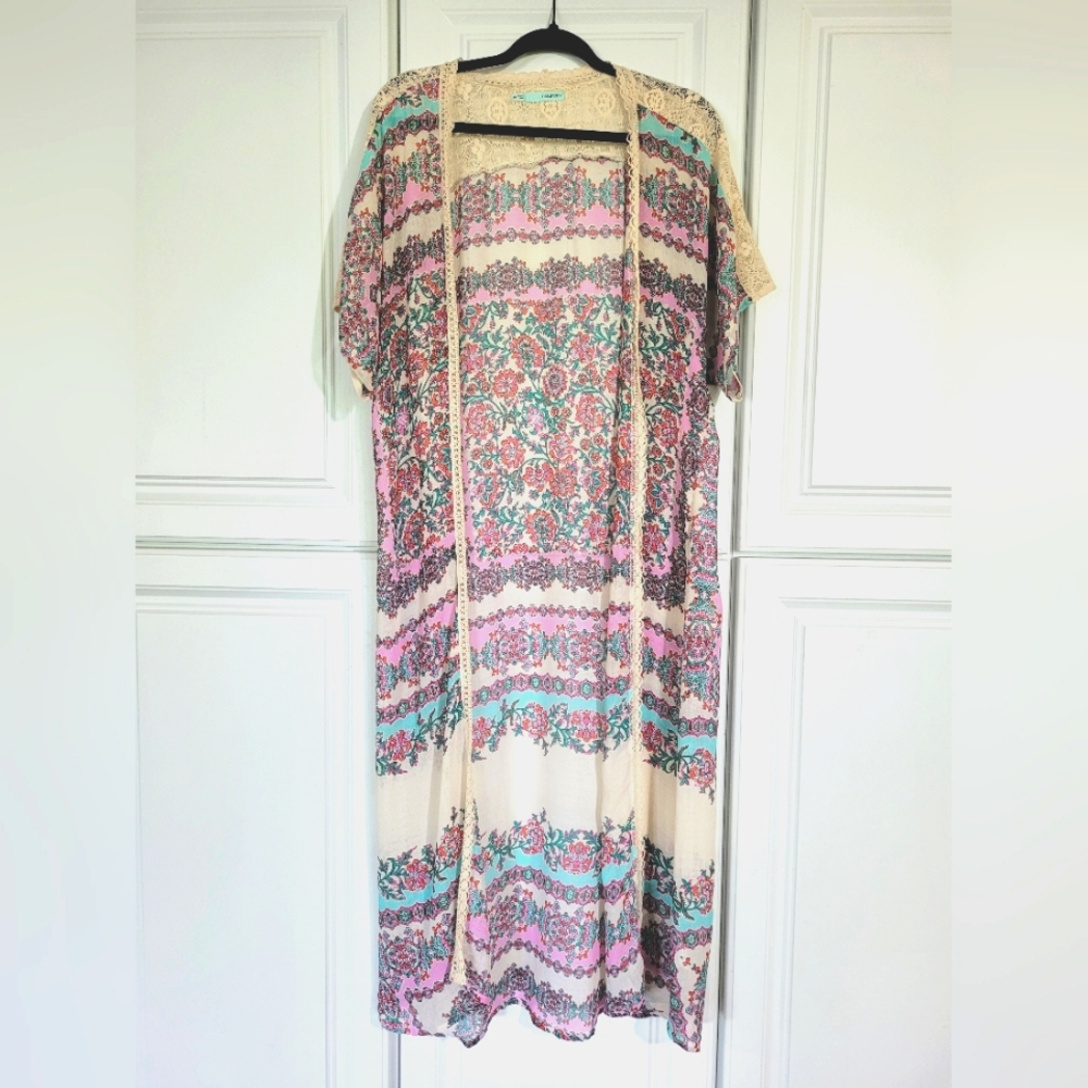 Maurices Floral Patterned Kimono Cardigan, Pink, Beige, Coral, Teal, Size S/M